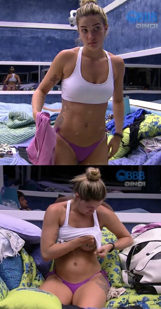 Aline do BBB15 trocando de roupa e pagando peitinho
